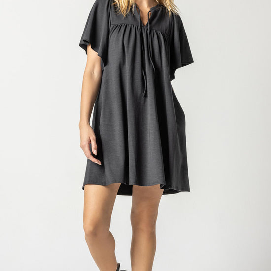 Flutter Sleeve Split Neck Dress Womens Dress Black A4