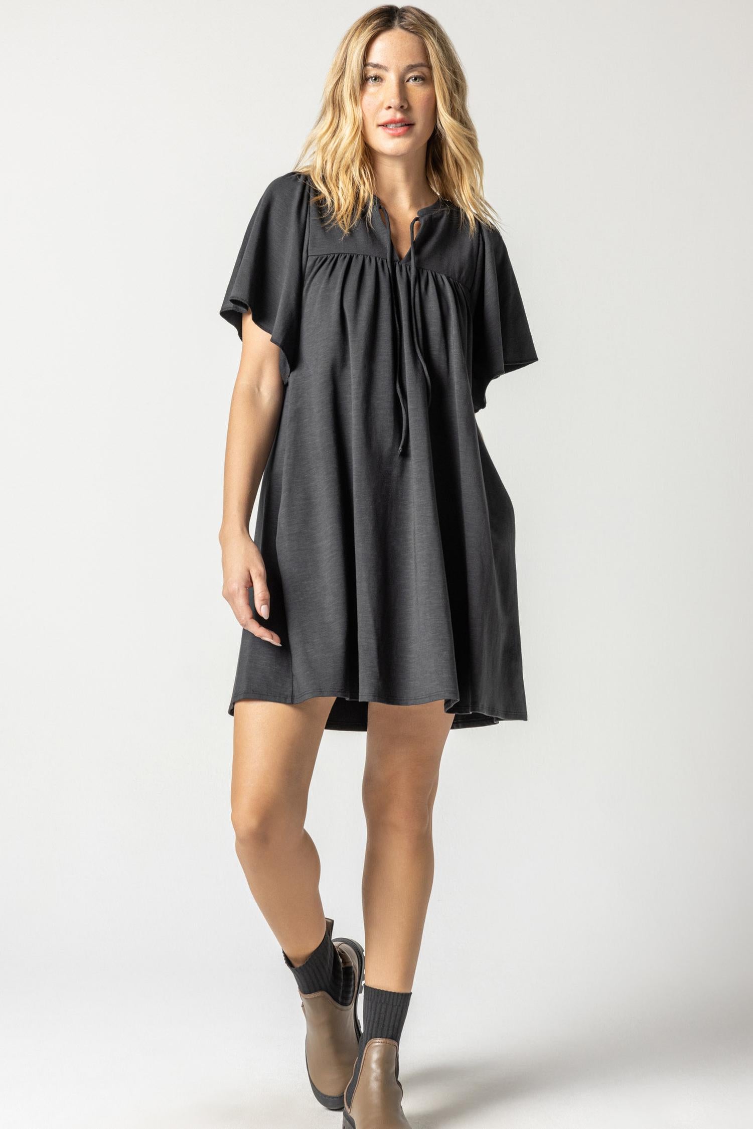 Flutter Sleeve Split Neck Dress Womens Dress Black A4