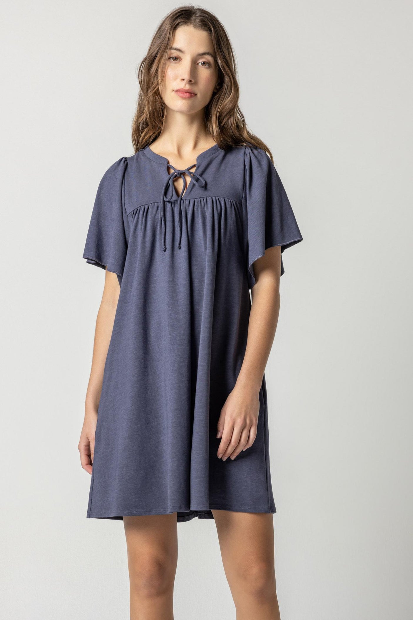 Flutter Sleeve Split Neck Dress