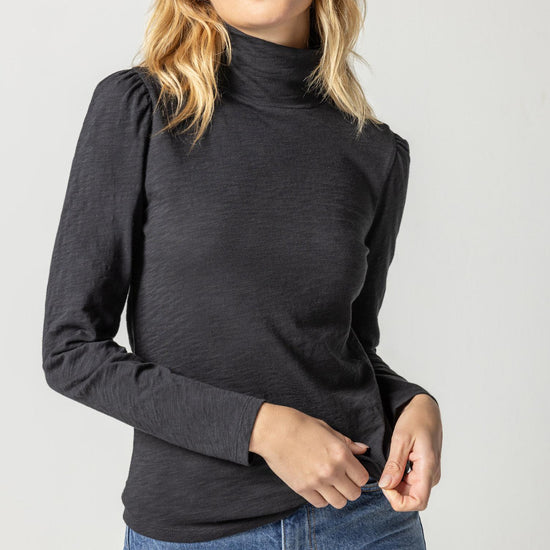 Puff Sleeve Turtleneck Womens Top Black A1