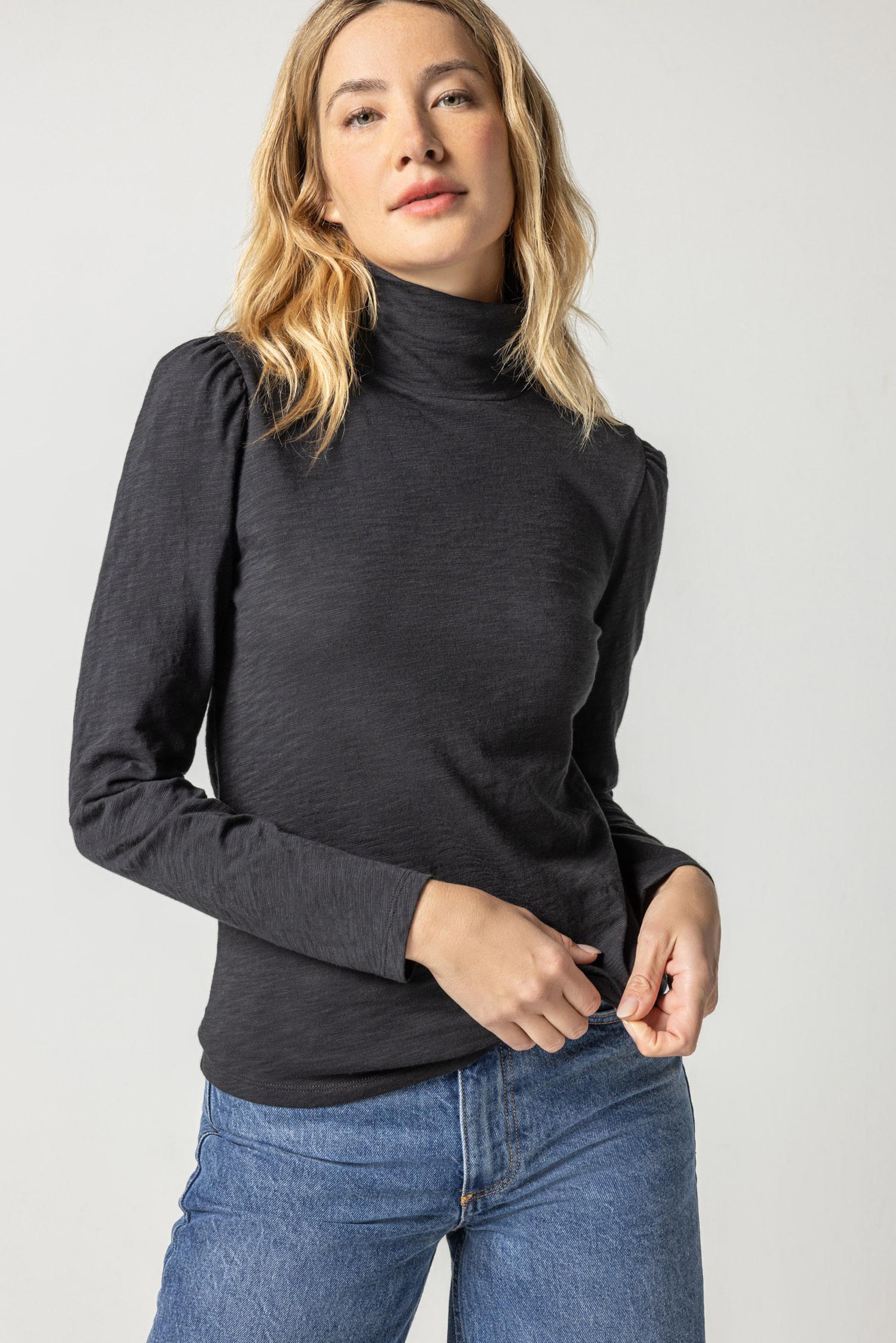 Puff Sleeve Turtleneck Womens Top Black A1