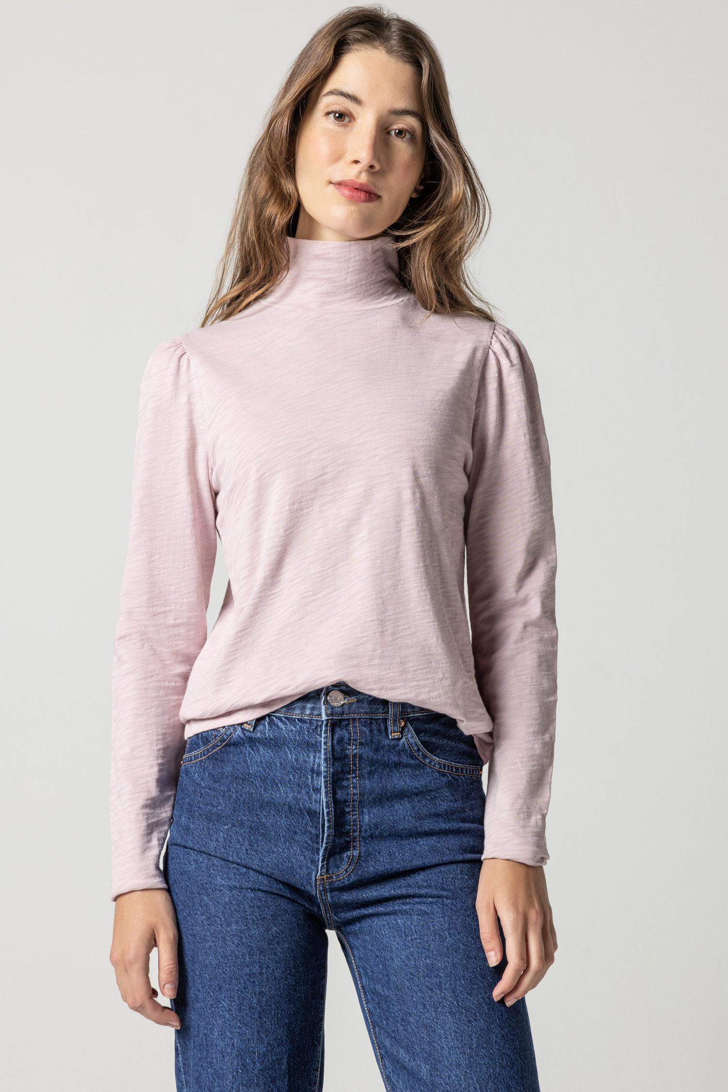 Puff Sleeve Turtleneck Womens Top Iced Lilac A1