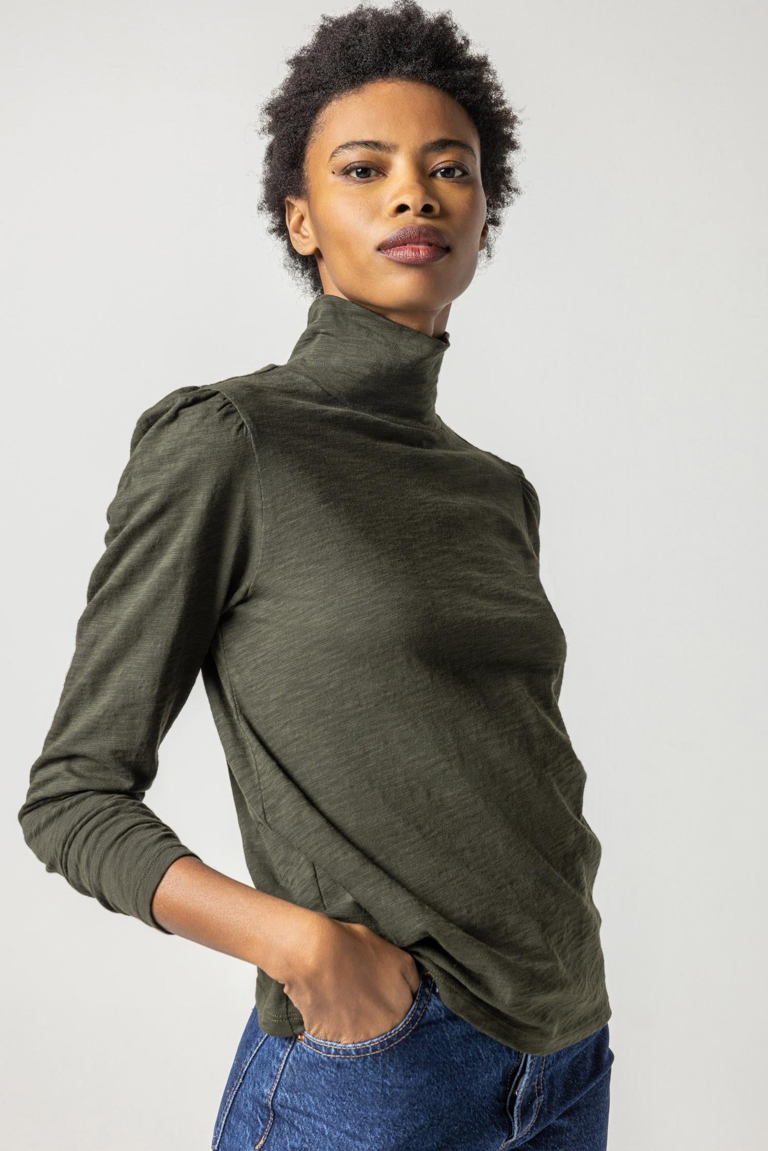 Puff Sleeve Turtleneck Womens Top Loden A1