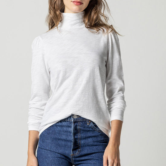 Puff Sleeve Turtleneck Womens Top White A1