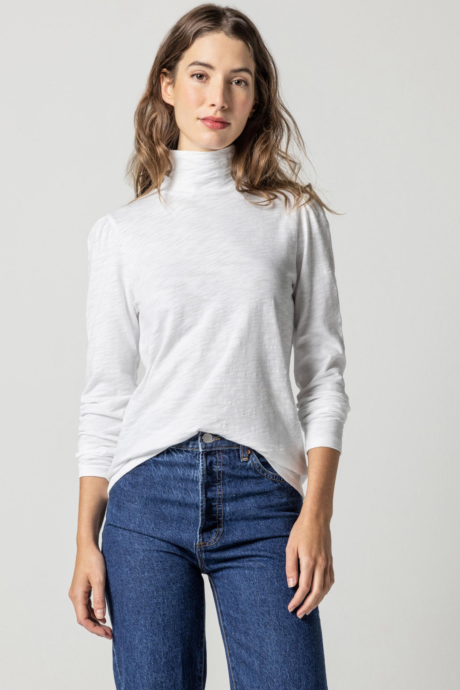 Puff Sleeve Turtleneck Womens Top White A1