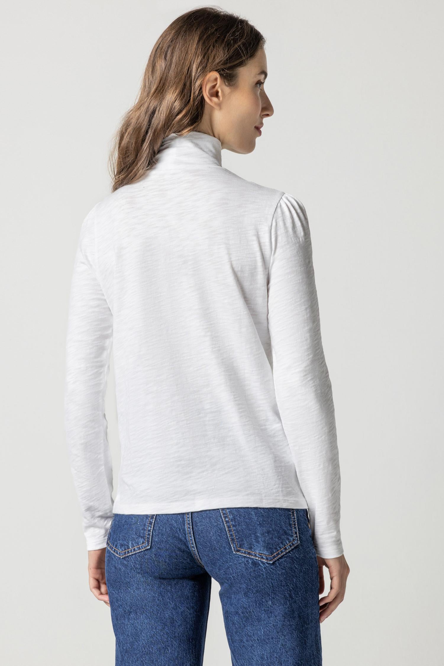 Puff Sleeve Turtleneck Womens Top White A2