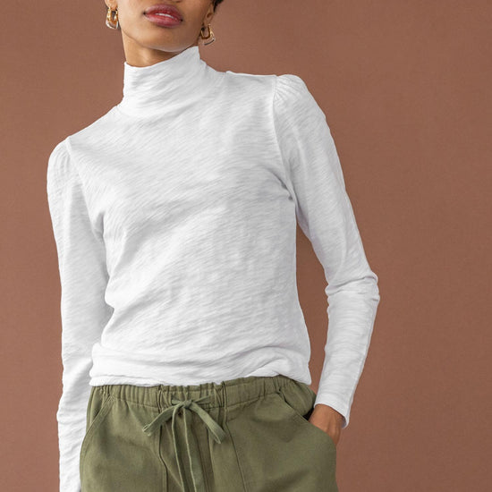 Puff Sleeve Turtleneck Womens Top White C1