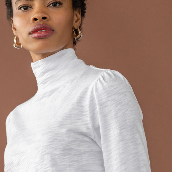 Puff Sleeve Turtleneck Womens Top White C3