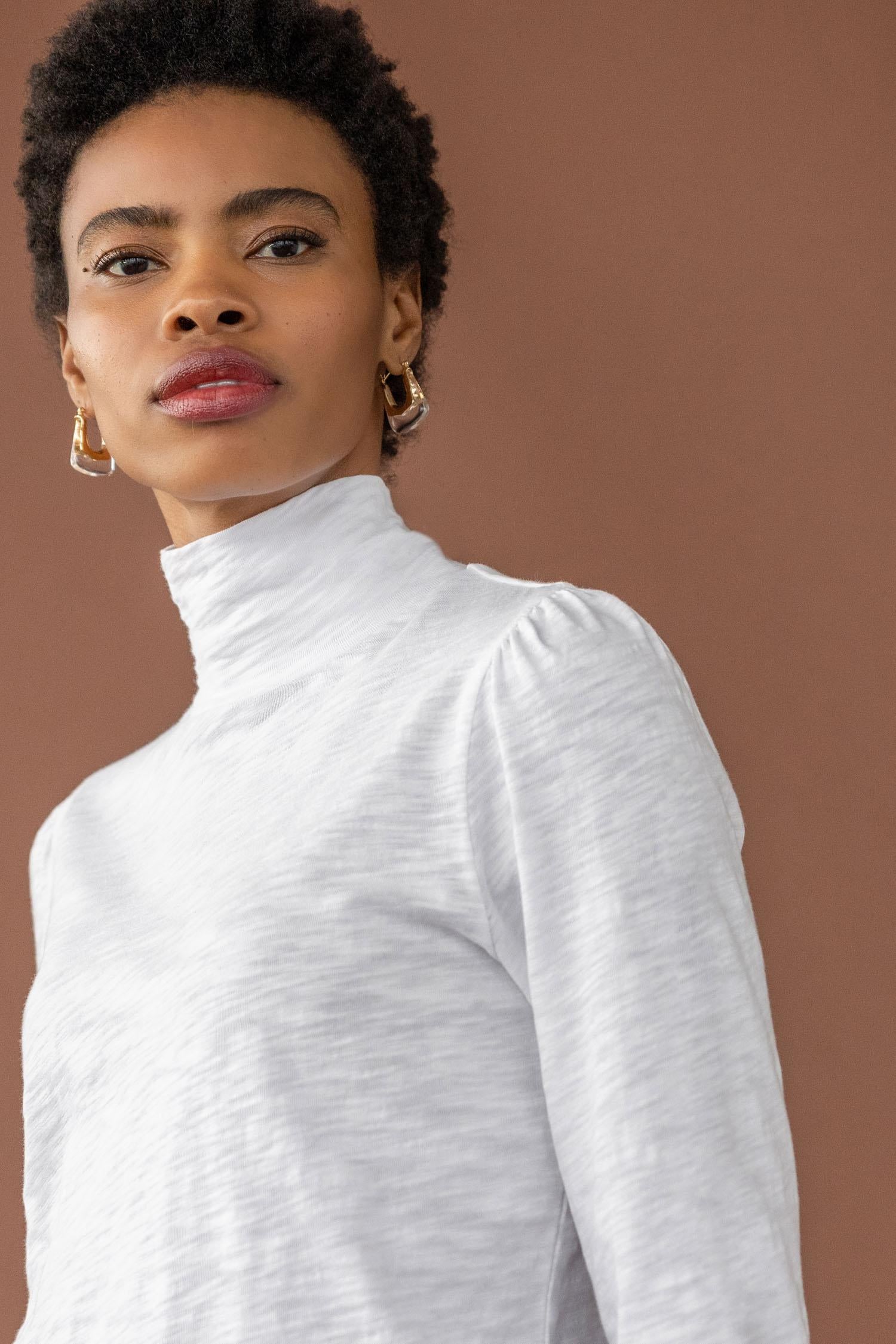 Puff Sleeve Turtleneck Womens Top White C3