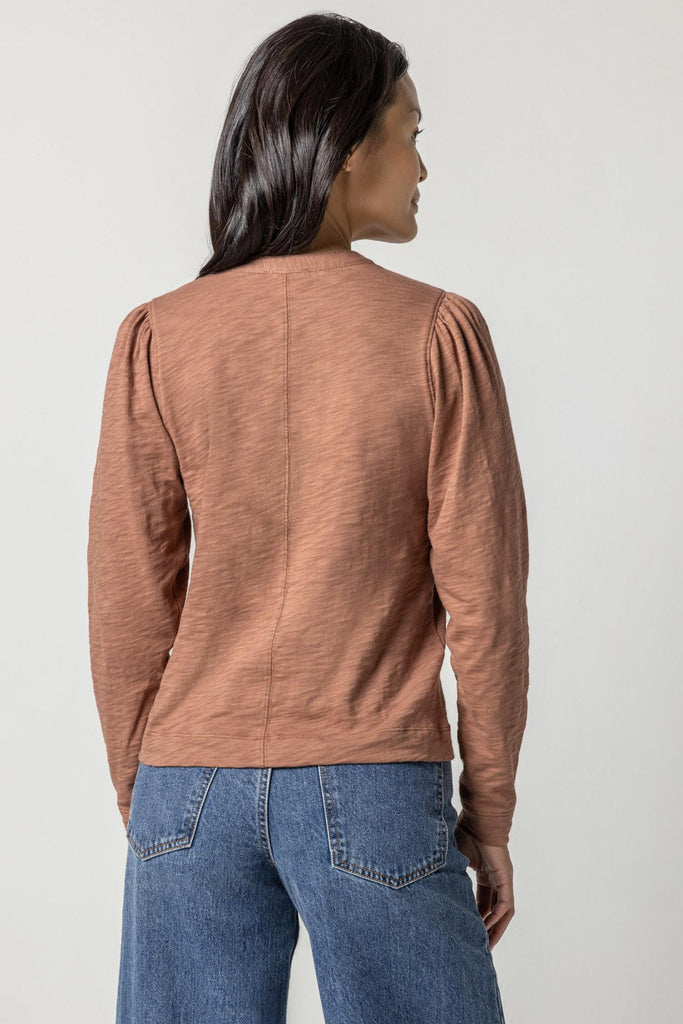 Shirred Long Sleeve Split Neck