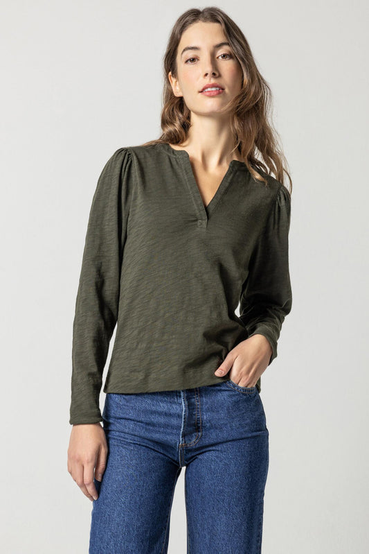 Long Shirred Sleeve Split Neck Womens Top Loden A1