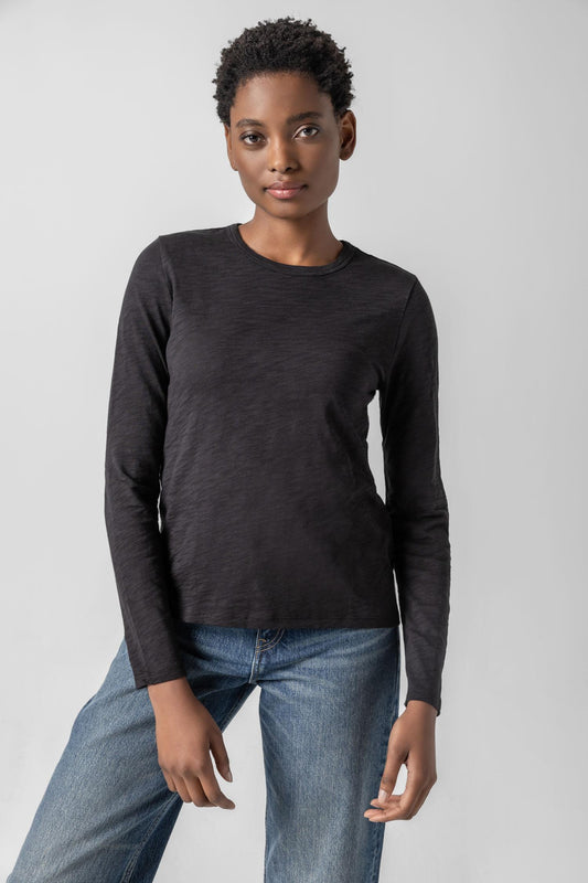 Long Sleeve Crewneck Womens Top Black A1