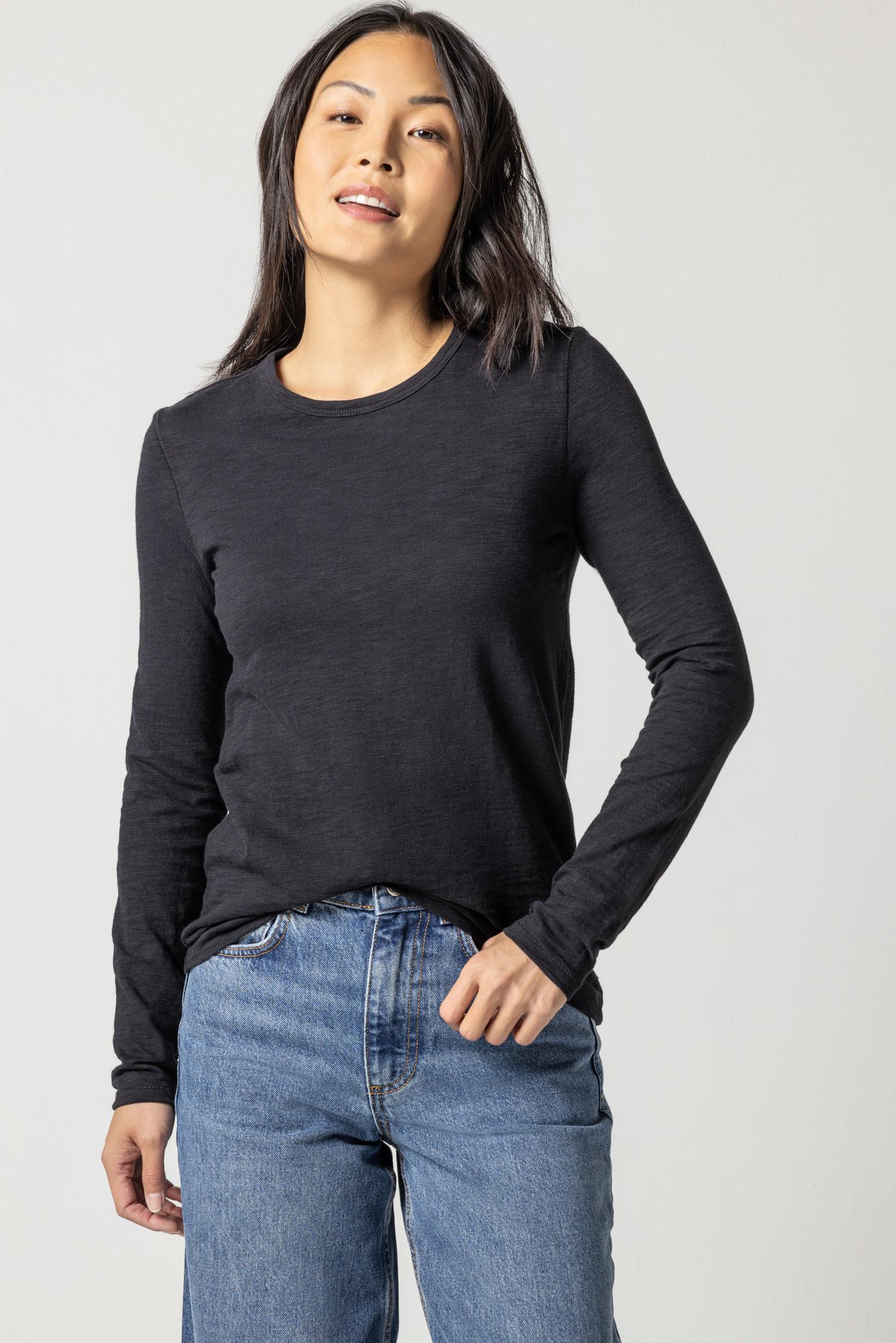 Long Sleeve Crewneck Womens Top Black A1