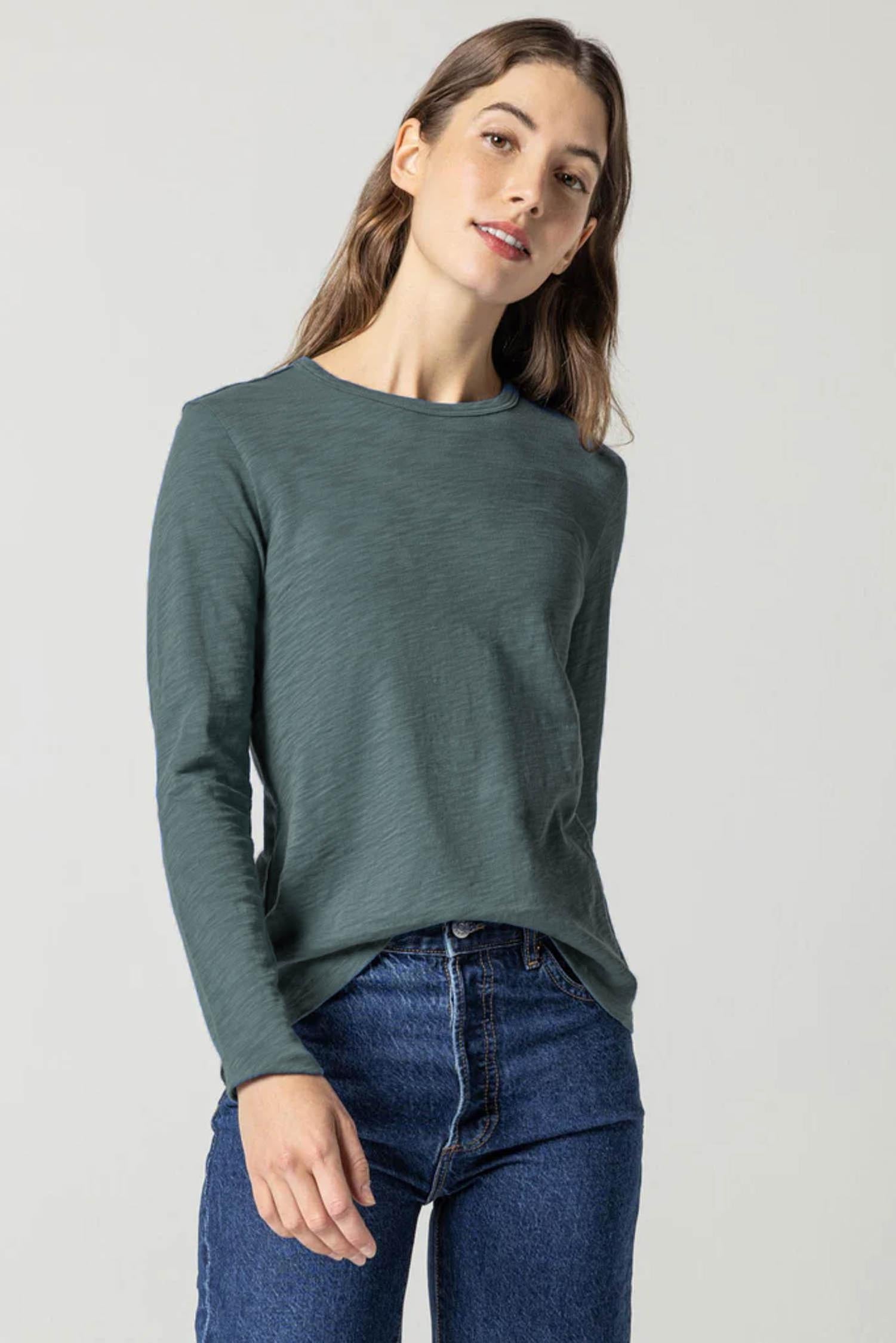 Long Sleeve Crewneck Womens Top Evergreen A1