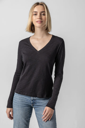 Long Sleeve V-Neck Womens Top Black A1