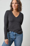 Long Sleeve V-Neck Womens Top Black A3