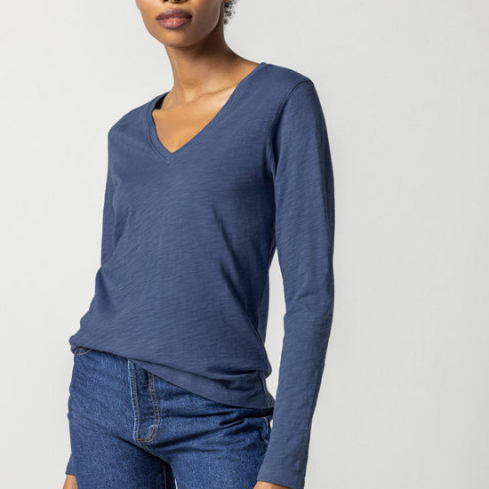 Long Sleeve V-Neck Womens Top Navy A1