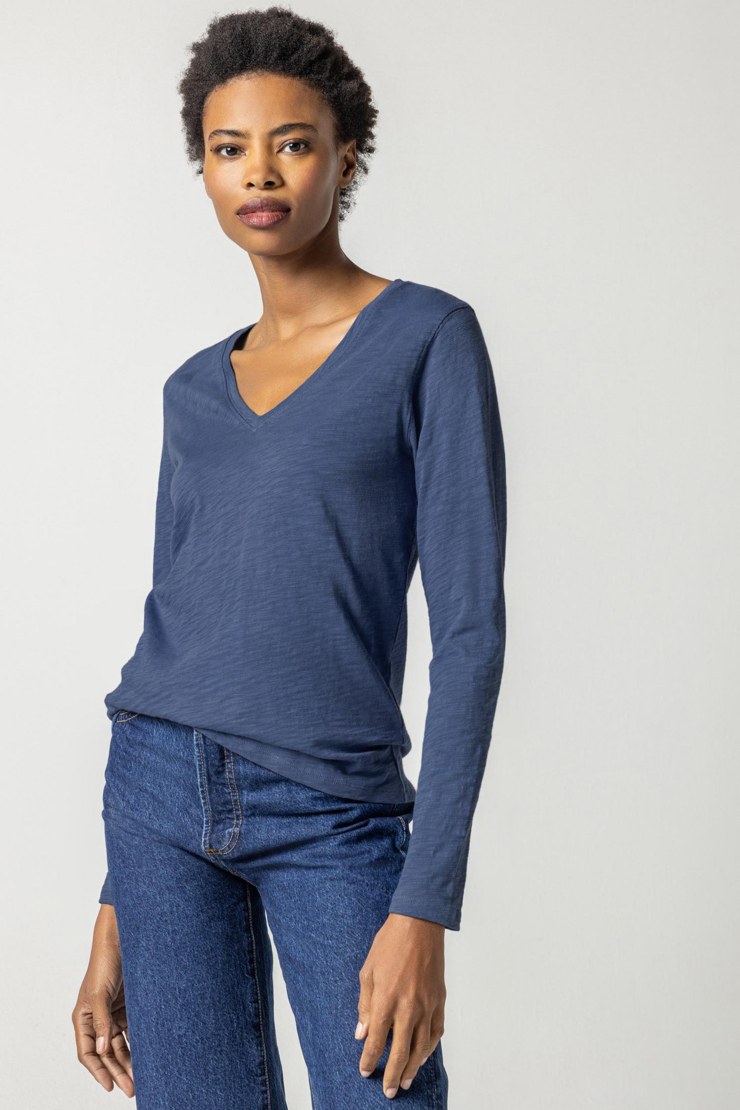 Long Sleeve V-Neck Womens Top Navy A1