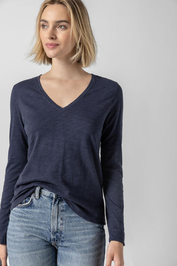 Long Sleeve V-Neck in color Navy Image A1