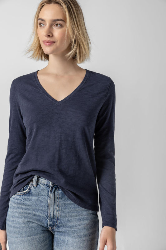 Long Sleeve V-Neck in color Navy Image A1