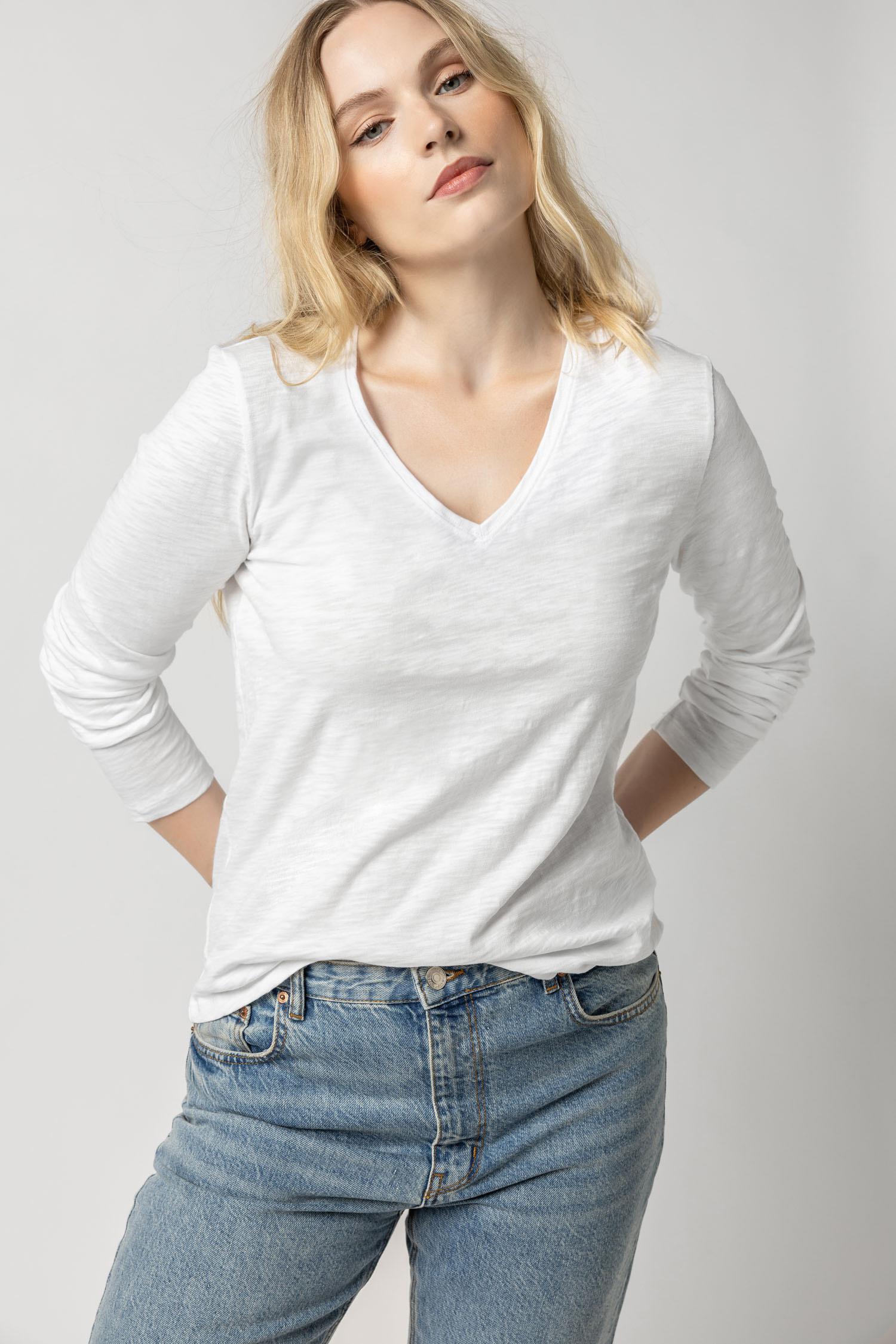 Long Sleeve V-Neck Womens Top White A1