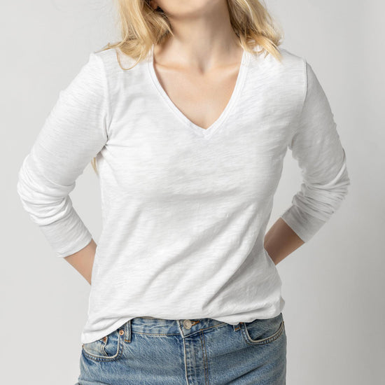 Long Sleeve V-Neck Womens Top White A1