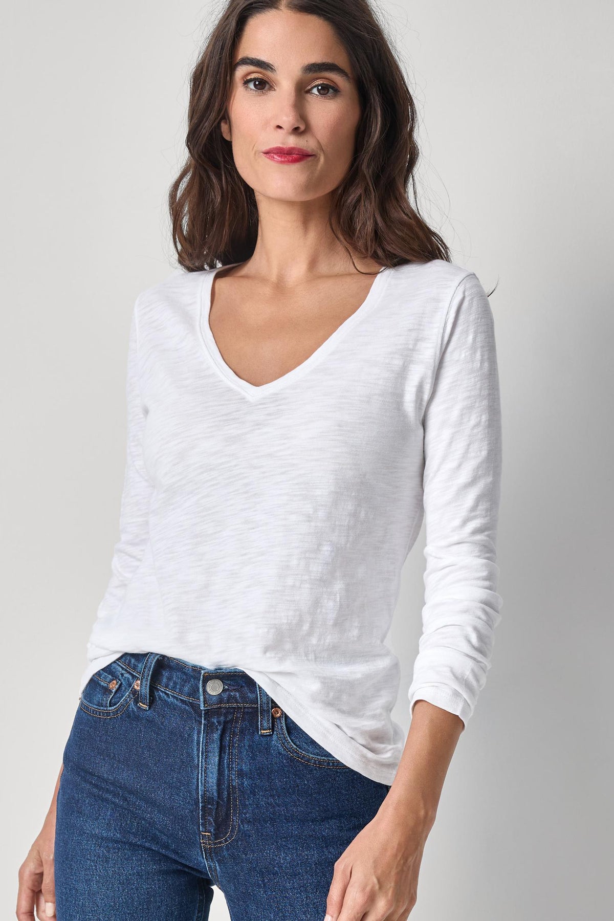Long Sleeve V-Neck in color White Image A1