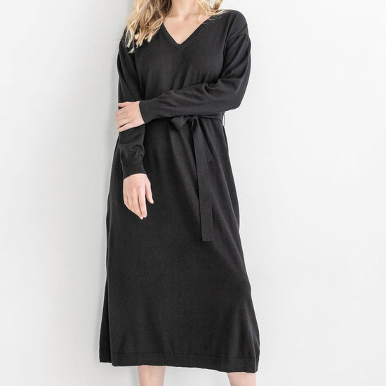 Easy V-Neck Sweater Dress Womens Dress Black C2