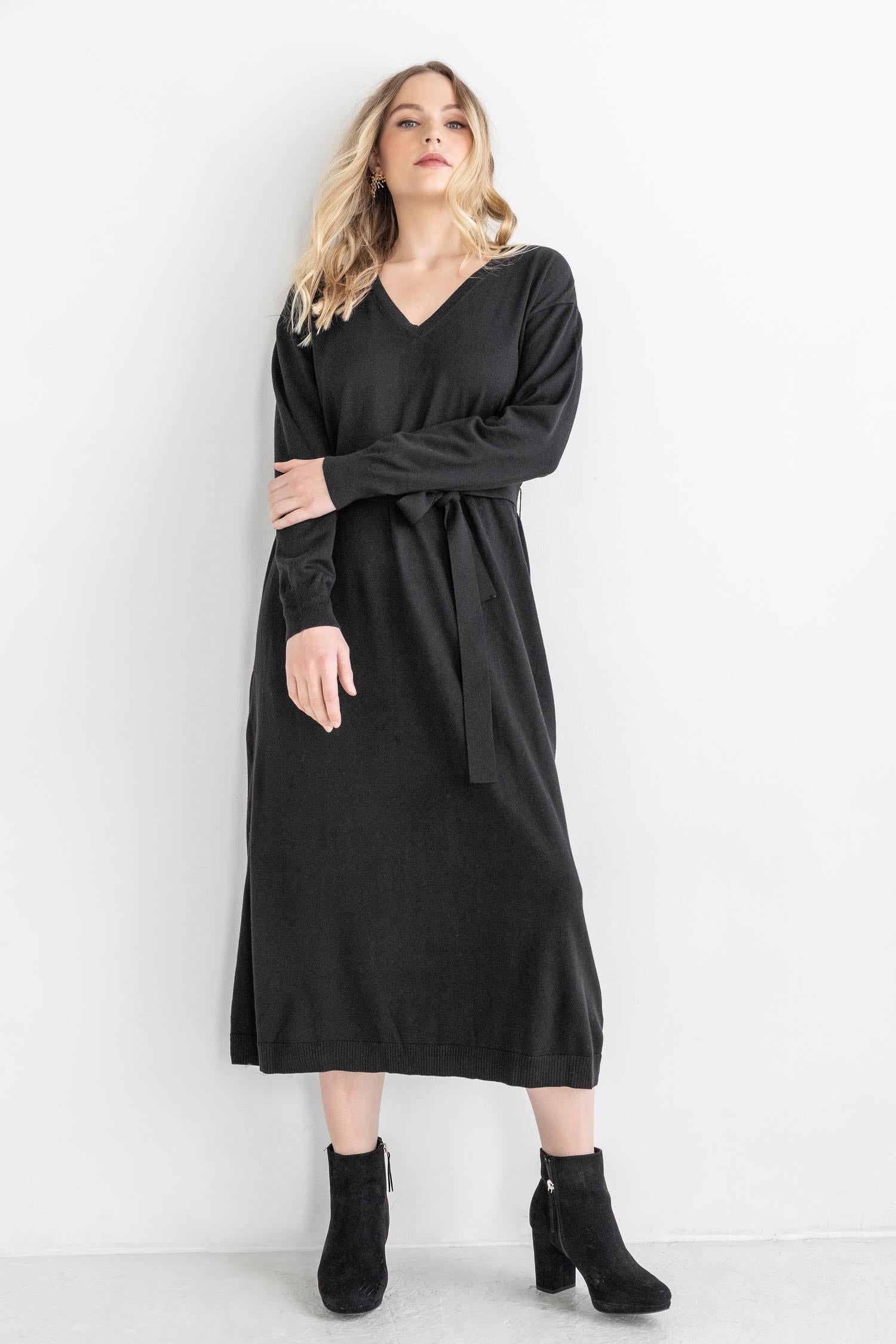 Easy V-Neck Sweater Dress Womens Dress Black C2