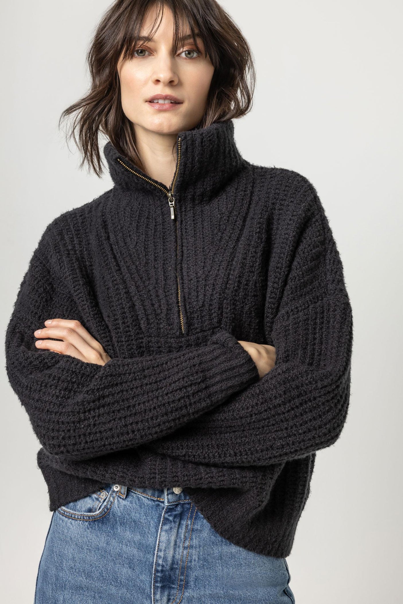 Rib-knit Half-zip Sweater - Dark gray - Ladies