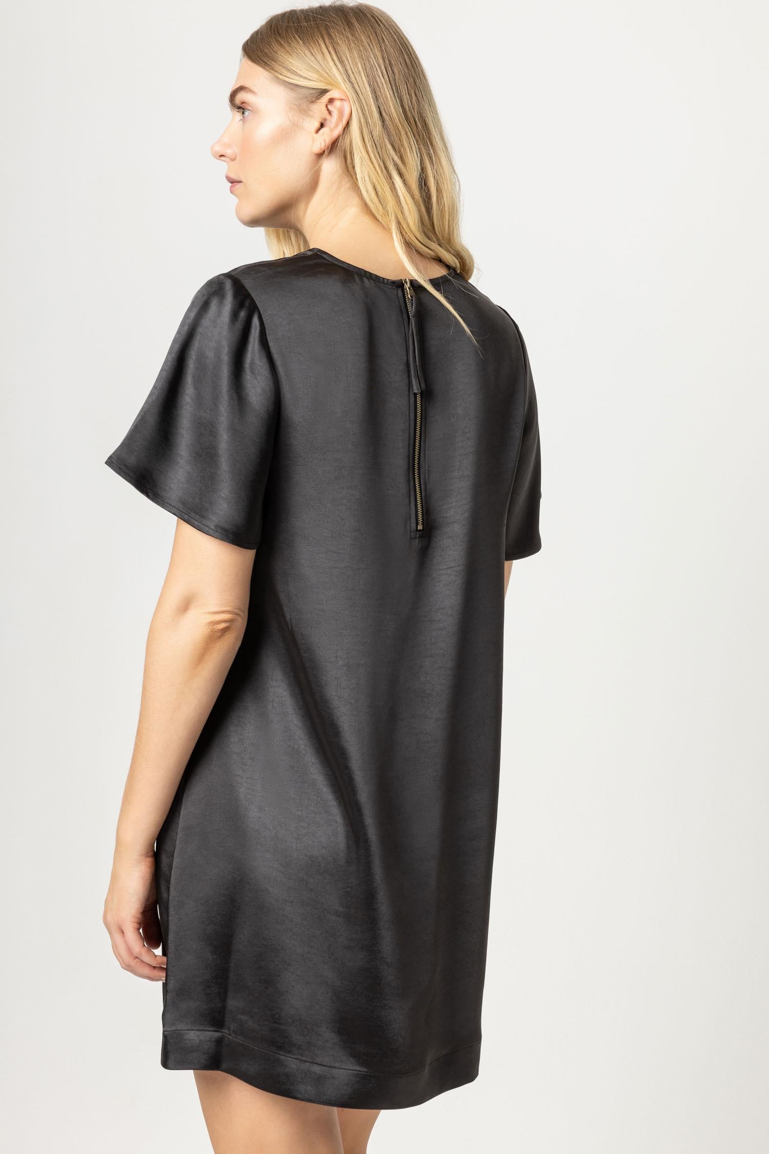 Flutter Sleeve Satin Dress Womens Dress Black A2