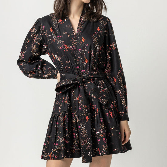 Long Sleeve Split Neck Peplum Dress Womens Dress Black Floral A4