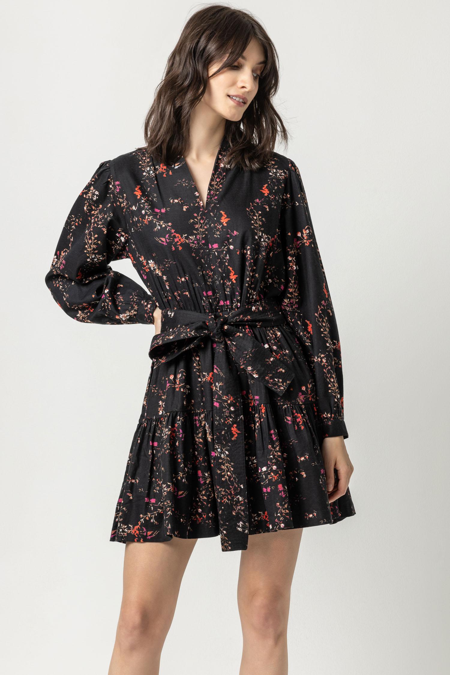 Long Sleeve Split Neck Peplum Dress Womens Dress Black Floral A4