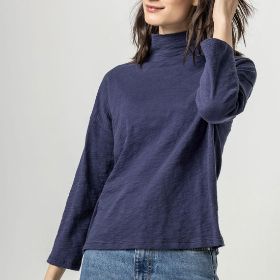 3/4 Sleeve Boxy Mock Neck Womens Top Navy A1