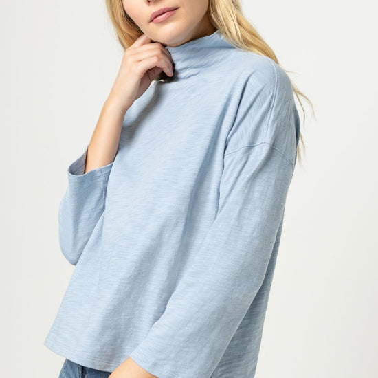 3/4 Sleeve Boxy Mock Neck Womens Top Steel Blue A1