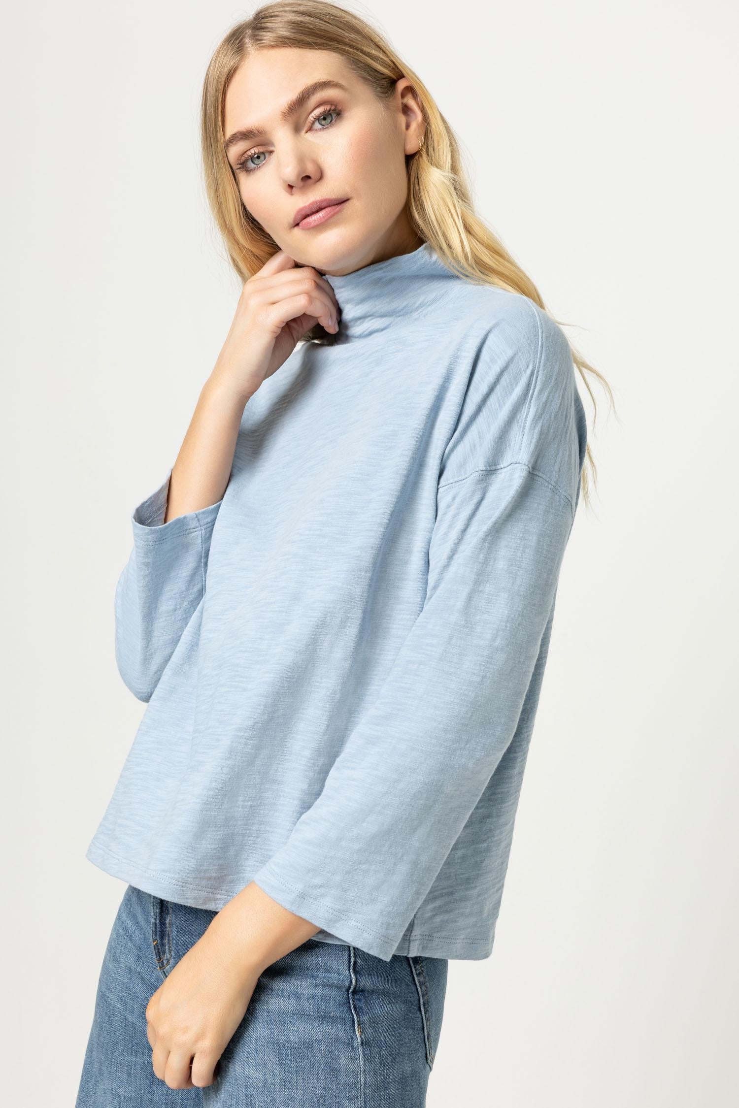 3/4 Sleeve Boxy Mock Neck Womens Top Steel Blue A1