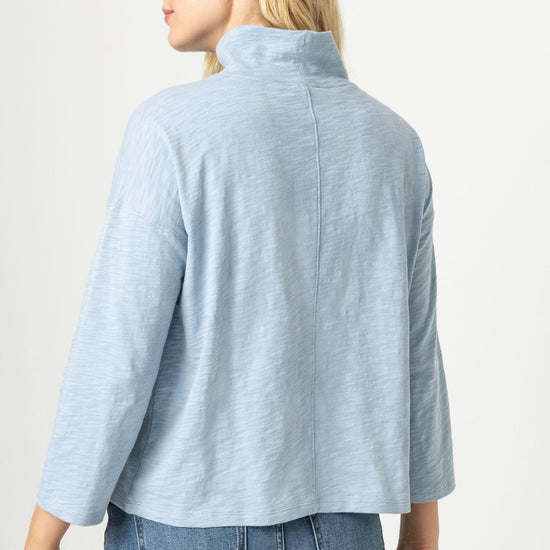 3/4 Sleeve Boxy Mock Neck Womens Top Steel Blue A2