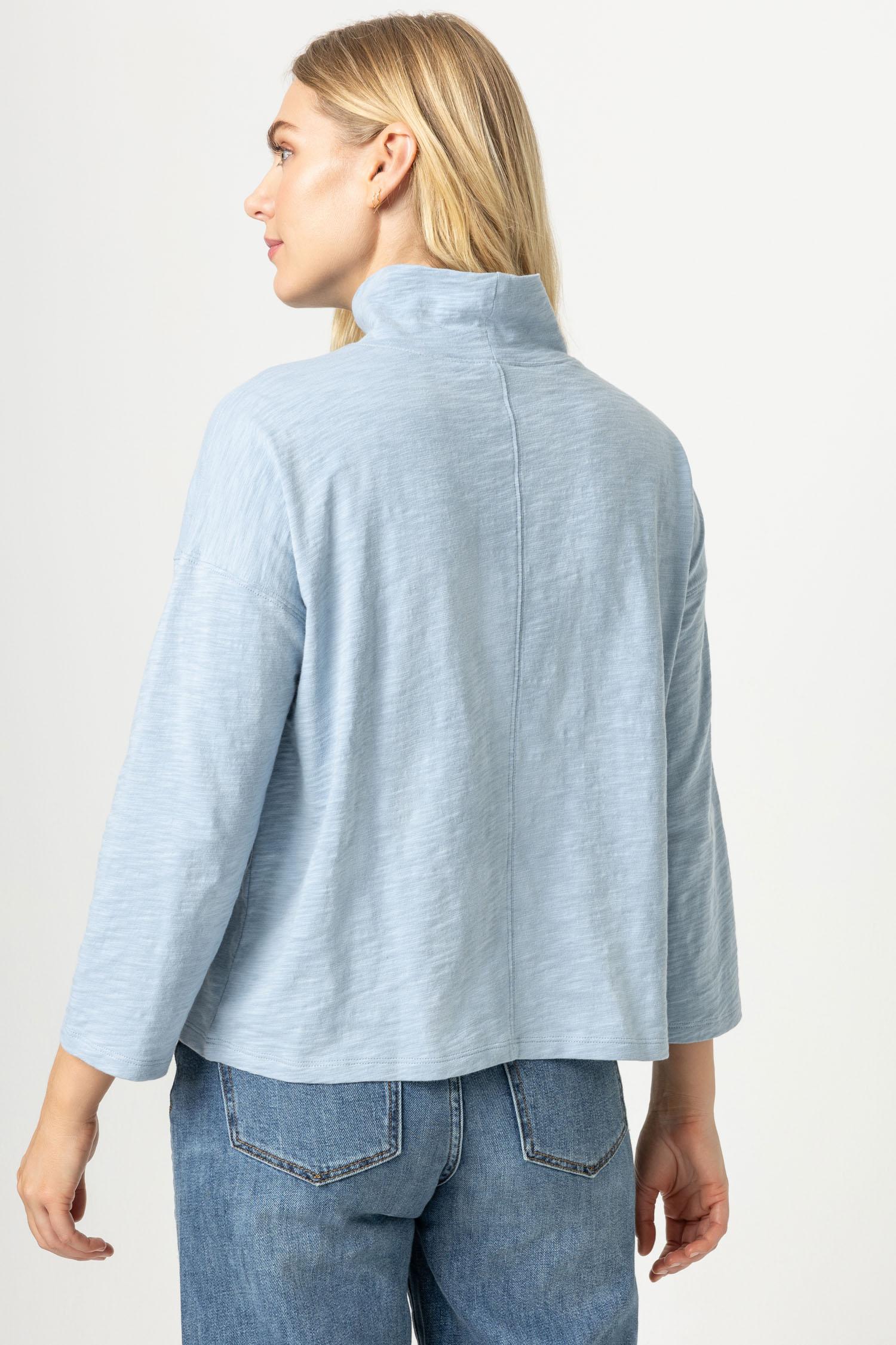 3/4 Sleeve Boxy Mock Neck Womens Top Steel Blue A2