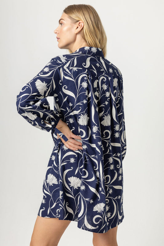 Full Sleeve Button Front Shirt Dress Womens Dress Navy Print A2