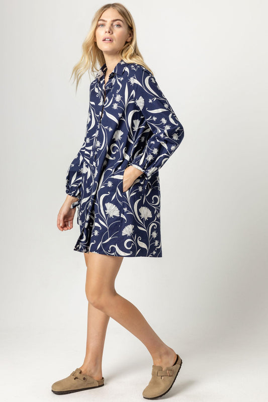 Full Sleeve Button Front Shirt Dress Womens Dress Navy Print A4