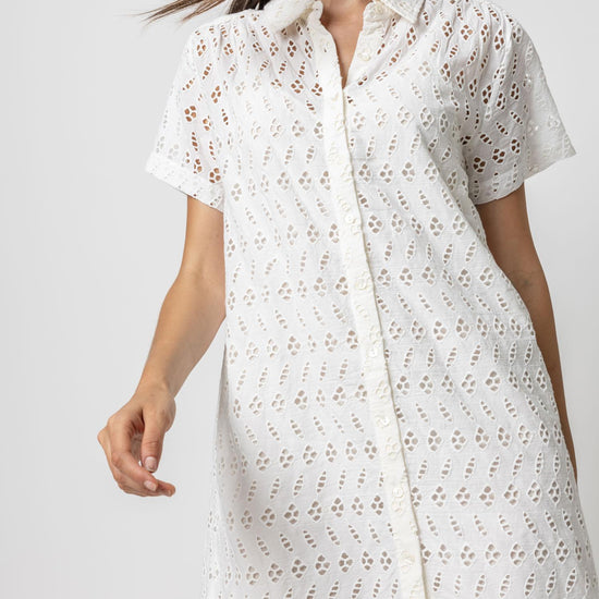 Eyelet Short Sleeve Shirt Dress Womens Dress White A1