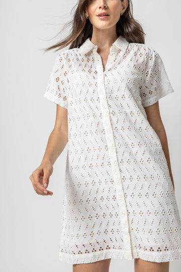 Eyelet Short Sleeve Shirt Dress Womens Dress White A1