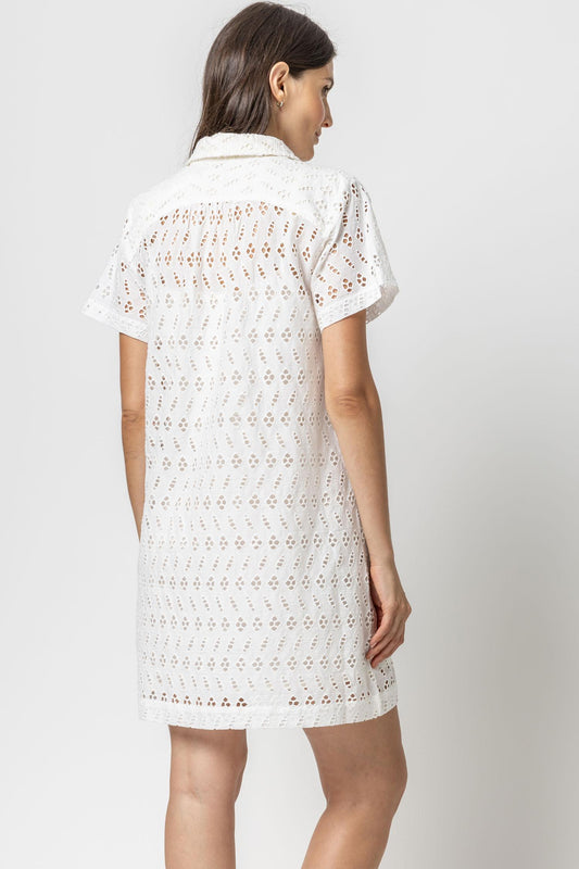 Eyelet Short Sleeve Shirt Dress Womens Dress White A2