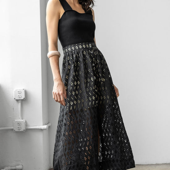 Eyelet Side-Button Maxi Skirt Womens Skirt Black C2