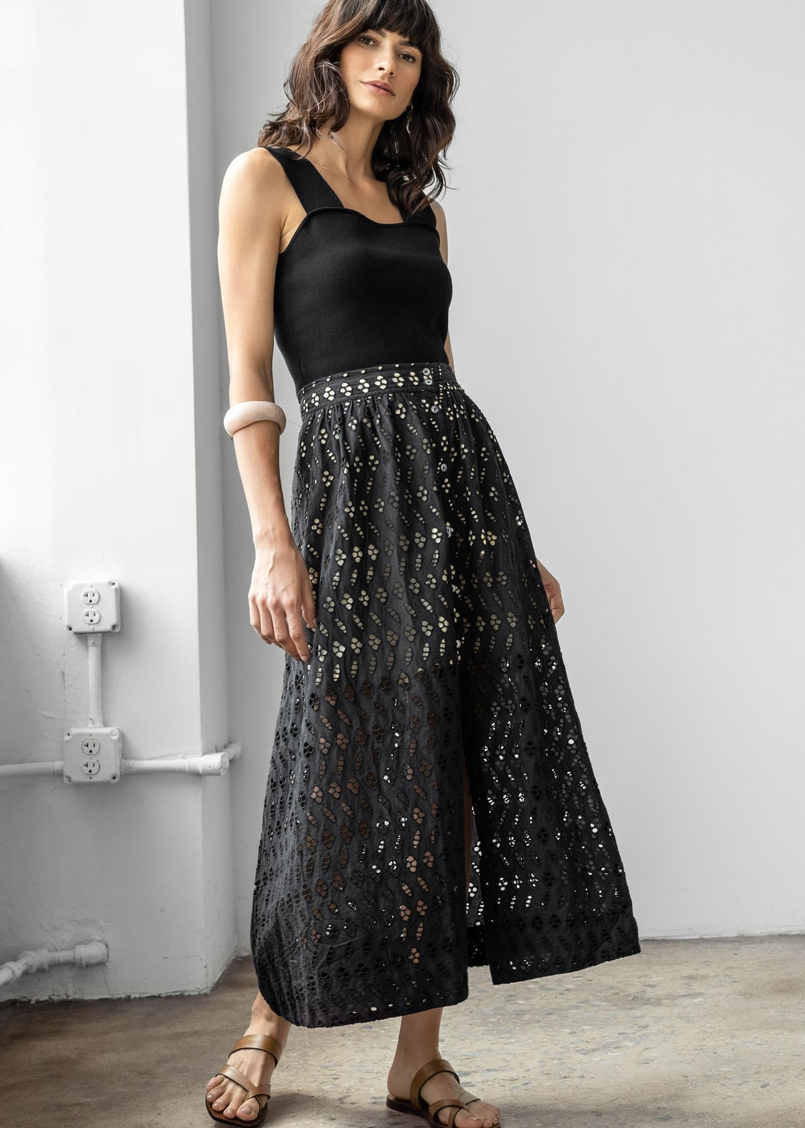 Eyelet Side-Button Maxi Skirt Womens Skirt Black C2