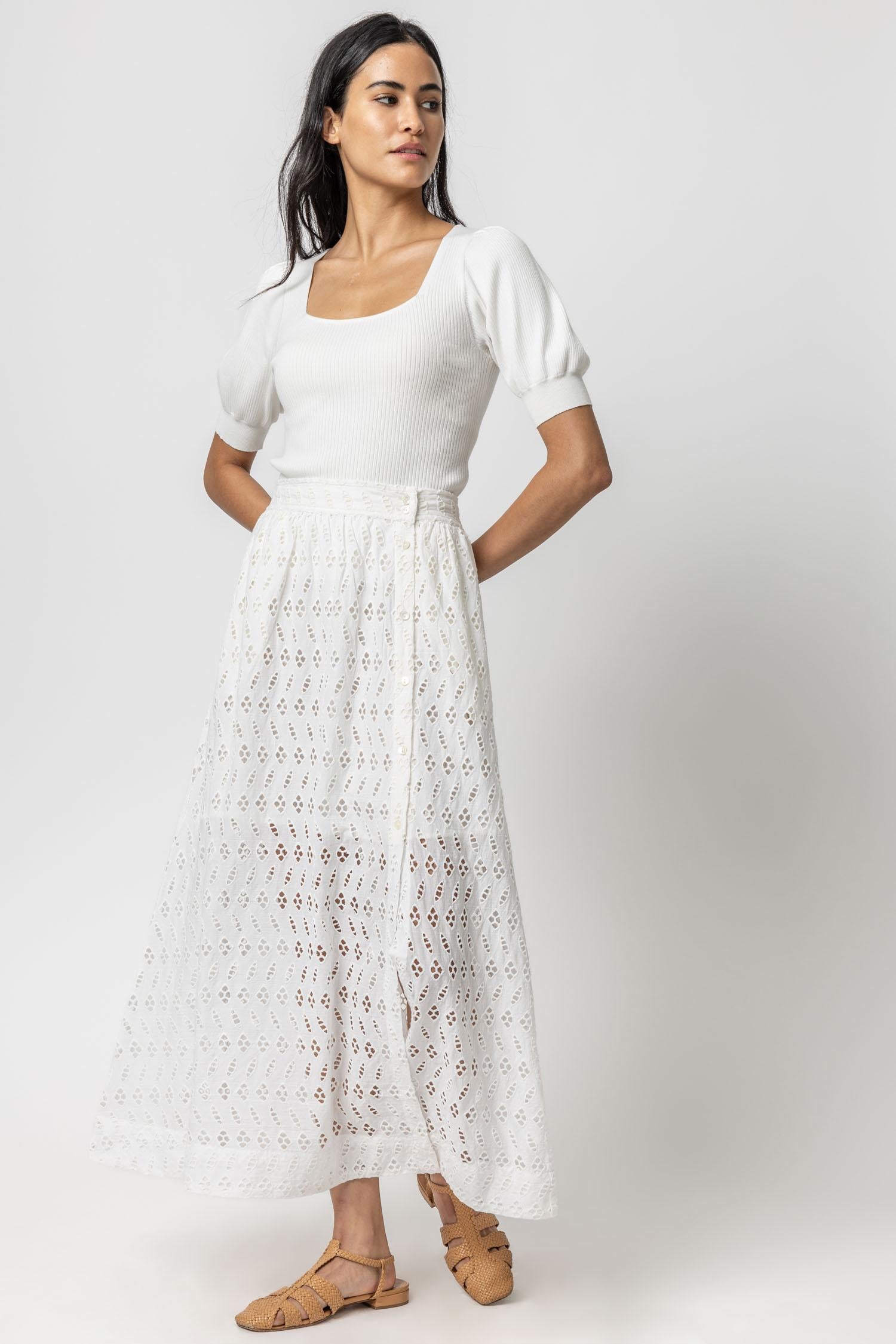 Eyelet Side-Button Maxi Skirt Womens Skirt White A3