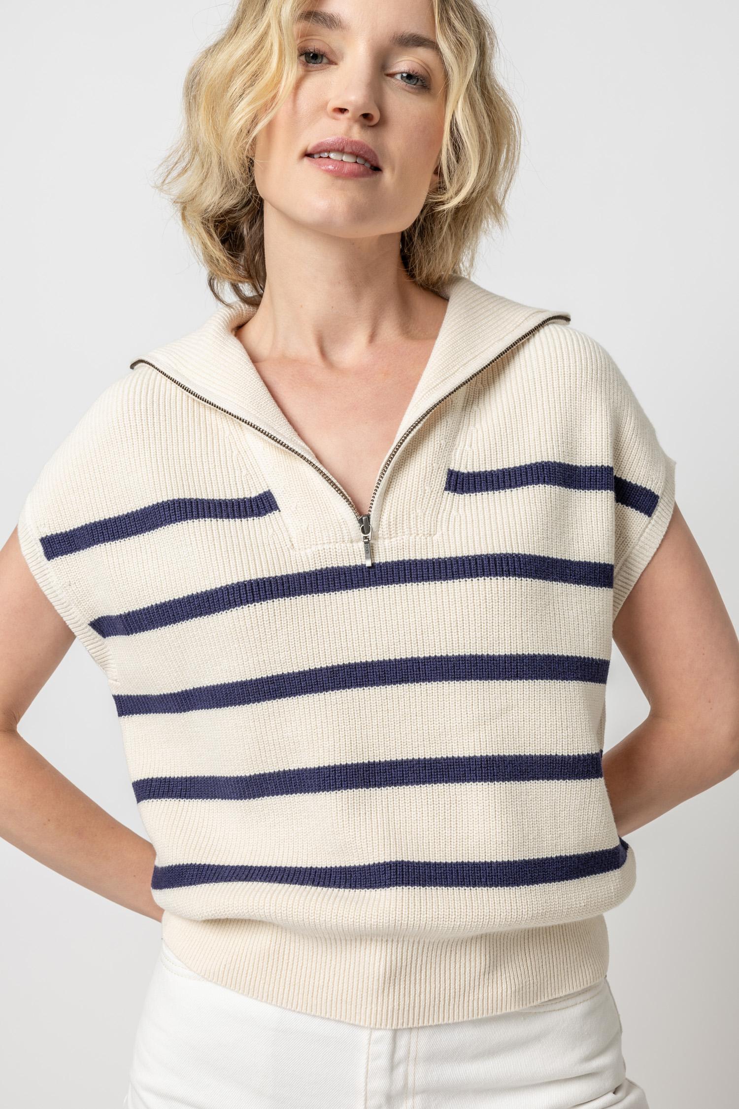 Half Zip Striped Sweater Womens Sweater Ivory Stripe A1