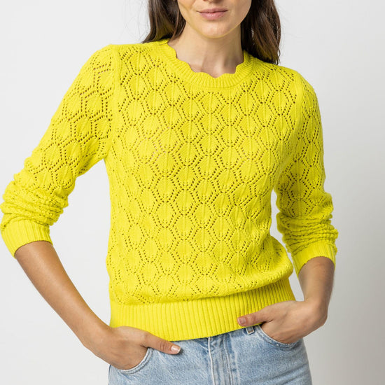 Pointelle Stitch Crewneck Sweater Womens Sweater Lemon Lime A1