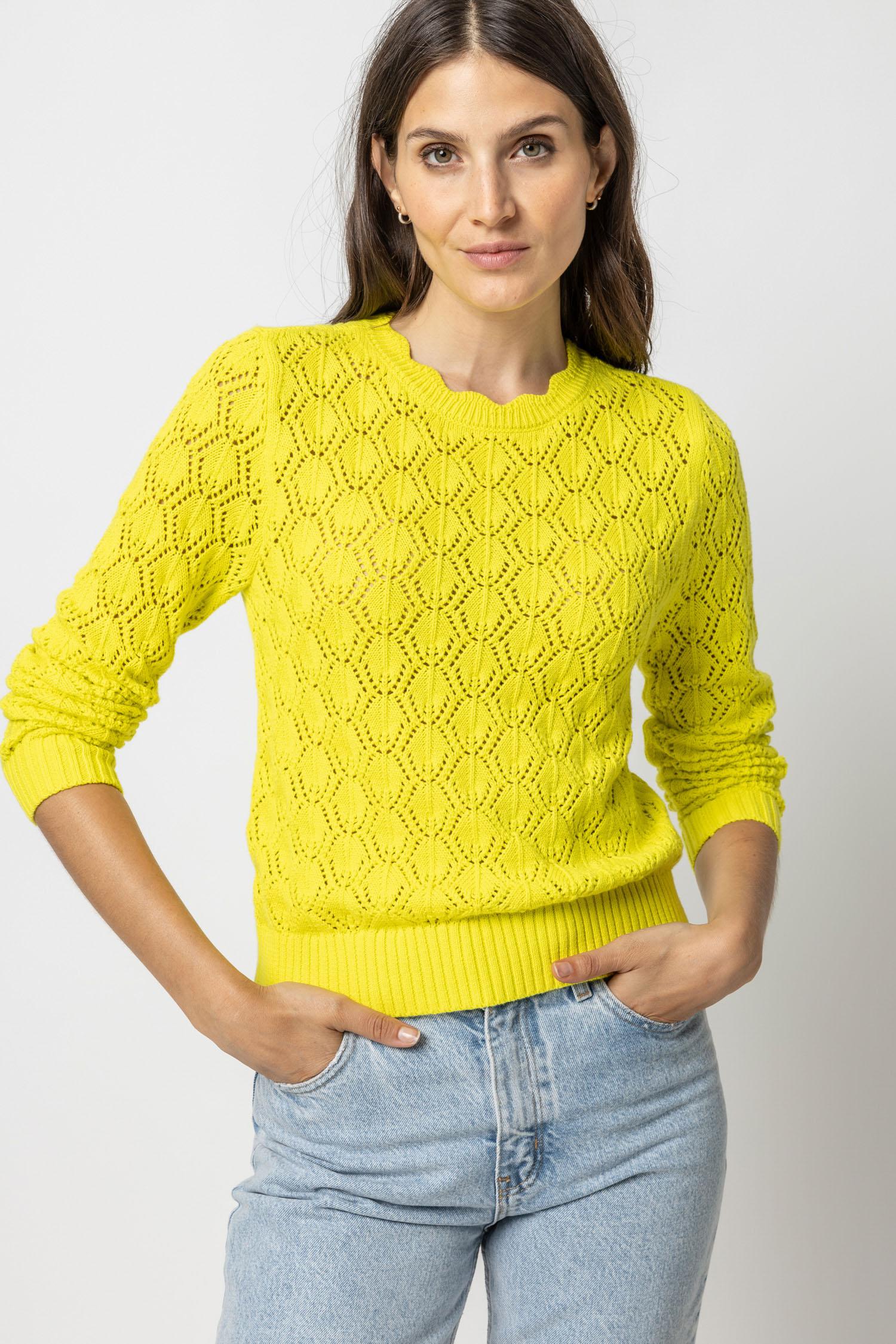 Pointelle Stitch Crewneck Sweater Womens Sweater Lemon Lime A1