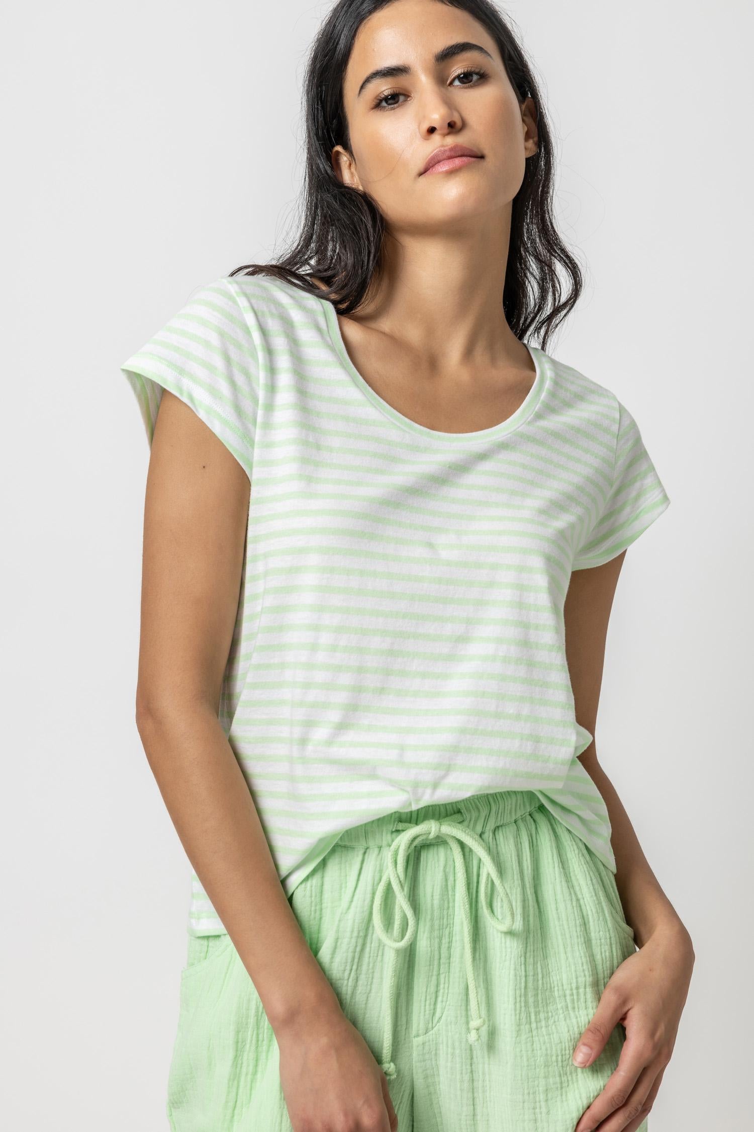 Striped Scoop Neck Womens Top Honeydew Stripe A1